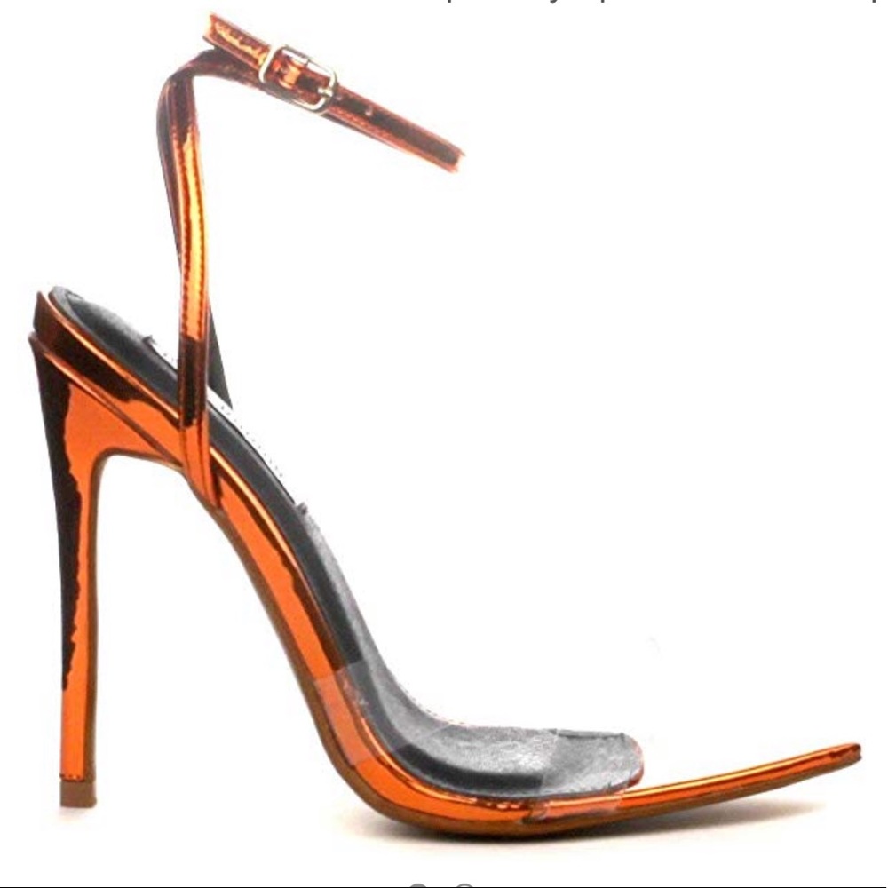 Metallic orange pointed open toe heels